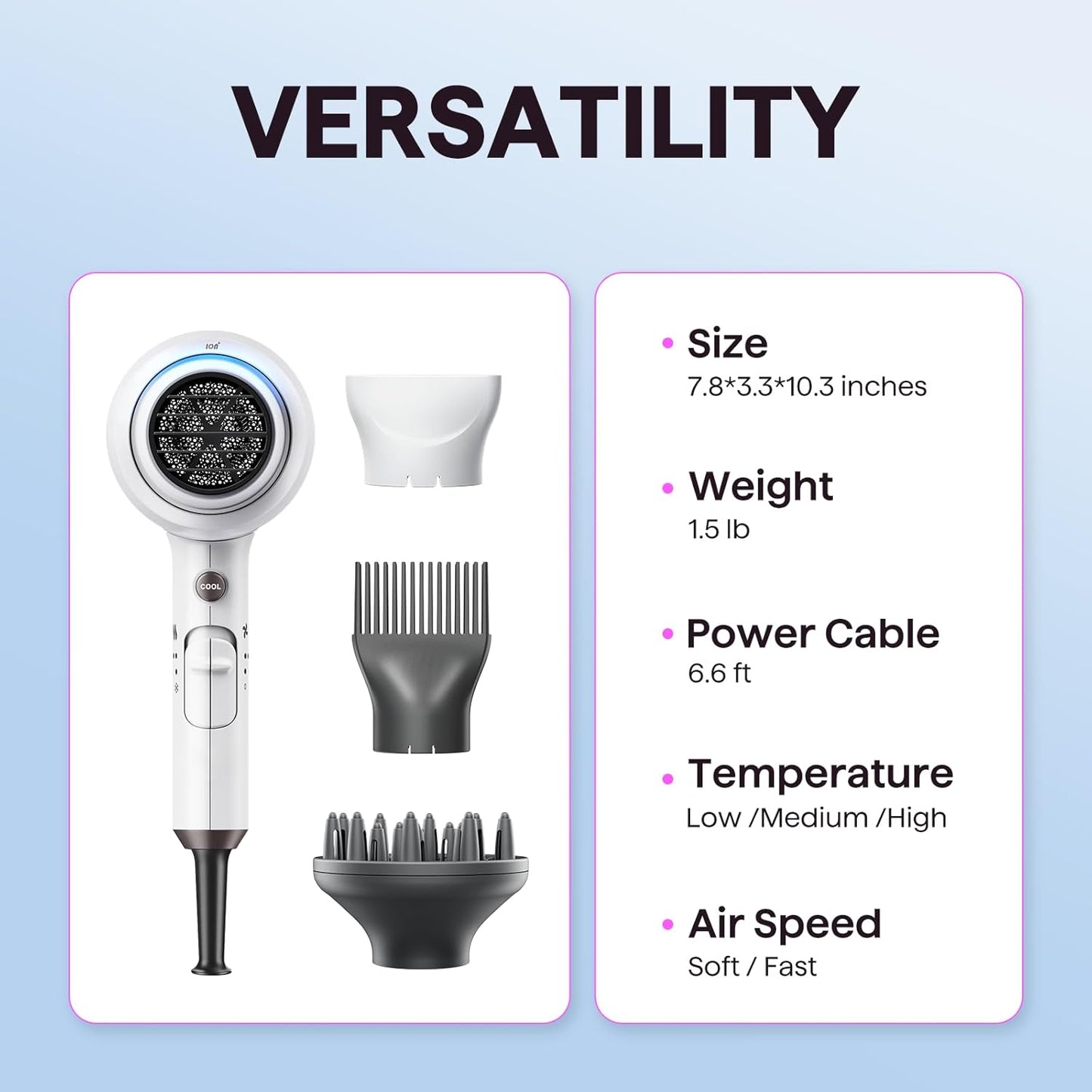 Ionic Hair Dryer for Curly Hair | 1875W Fast Drying | Diffuser & Attachments | Rose Gold