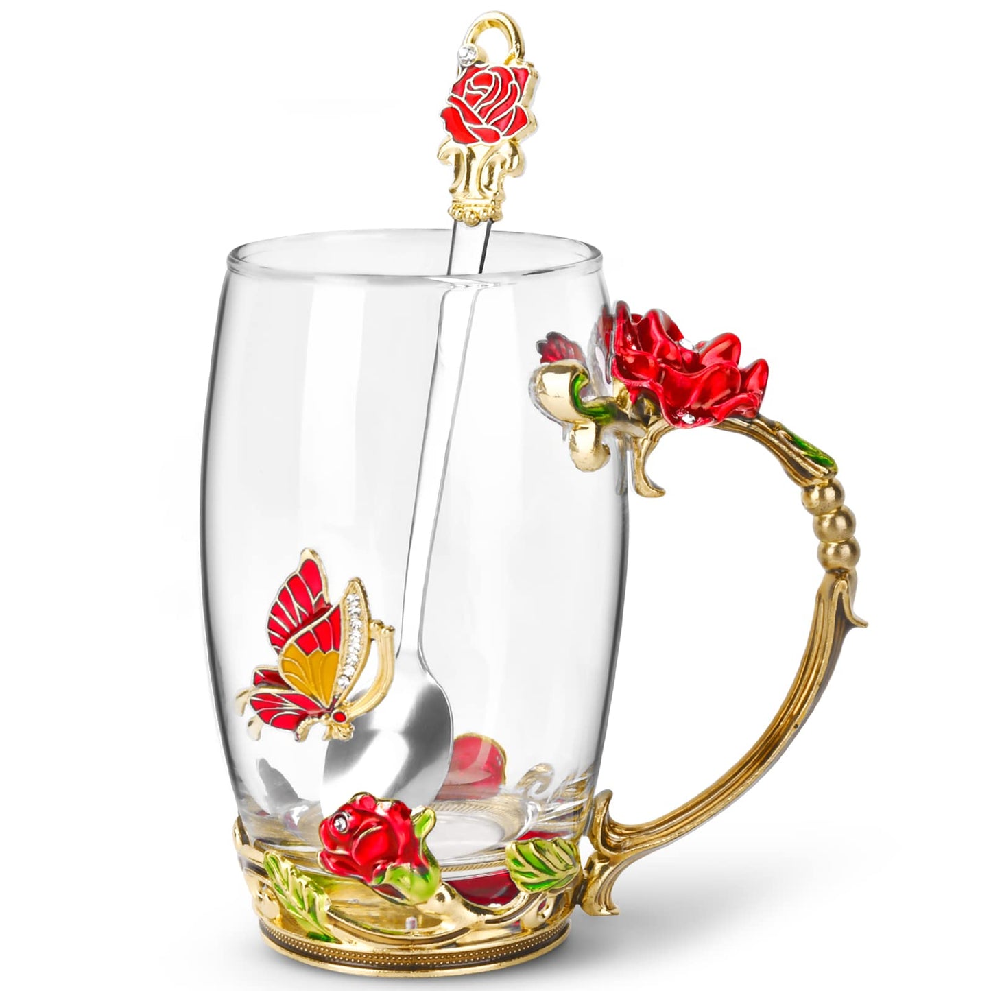 OEAGO Gifts for Women Mom Mothers Tea Cup Best Birthday Butterfly Rose Gifts for Her from Daughter Son Glass Coffee Christmas Enamels Mug Lead-Free with Spoon Set