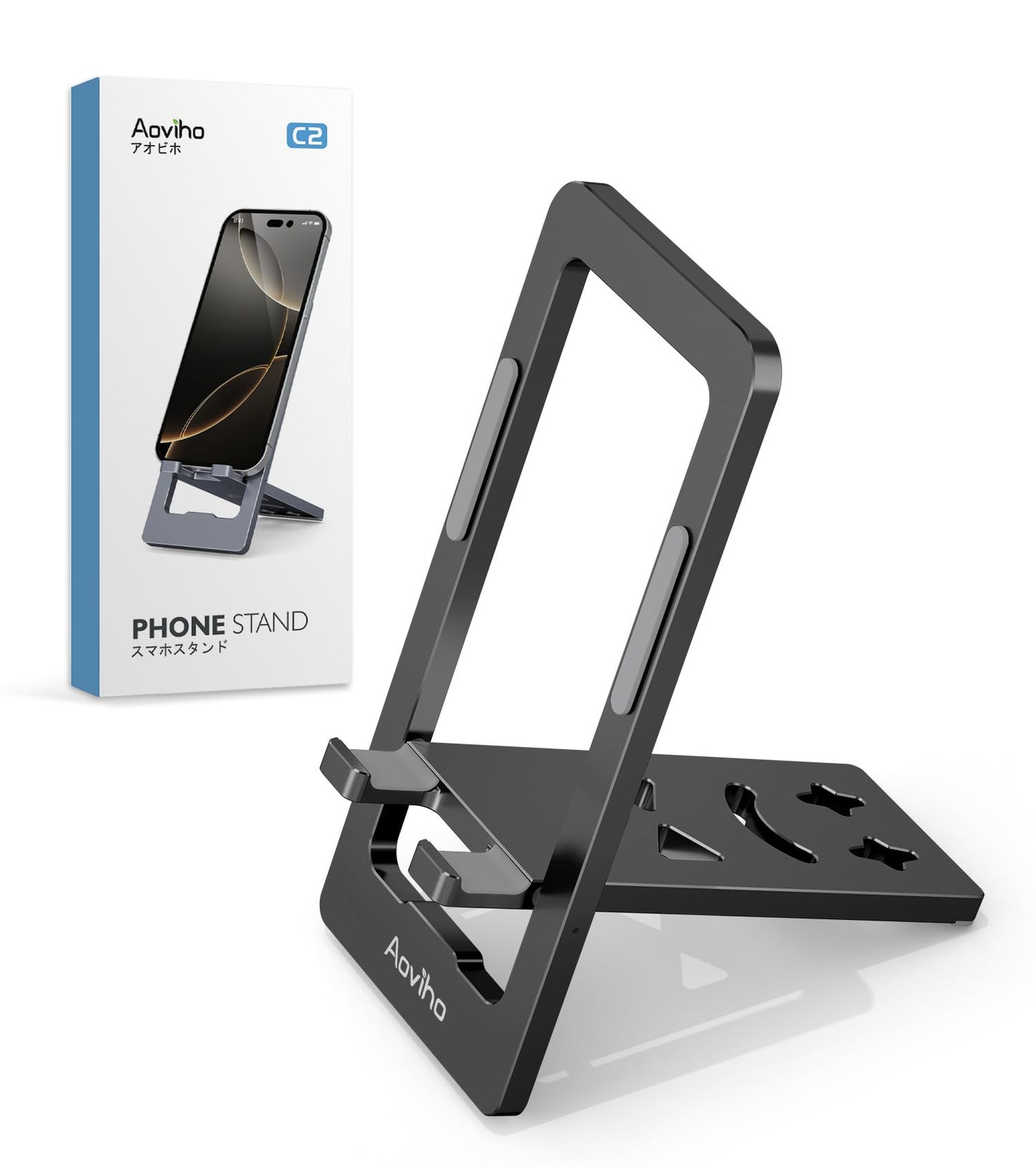 Portable Phone Stand for Desk, Adjustable and Foldable Aluminium Phone Holder Office Desk Accessories Stand Fits to All 3.7-7 inch Devices,Black