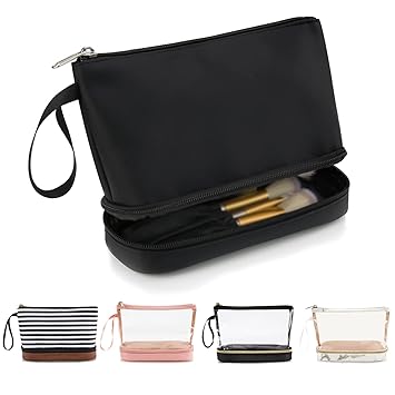 Ethereal Small Makeup Bag, 2 Layers Travel Make up Organizer Bag with Brush Holder, Portable Cosmetic for Women/Girls, Blue Flower