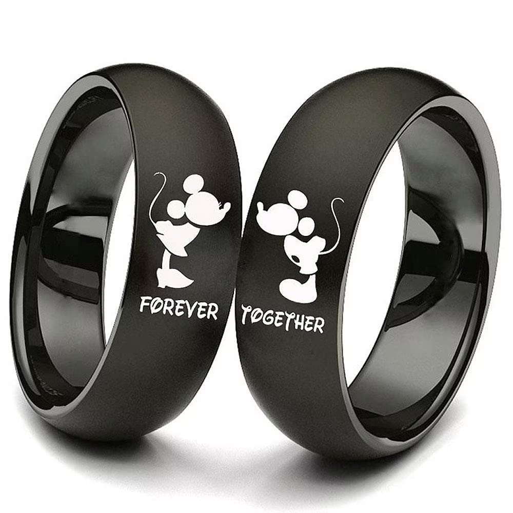 XAHH His and Hers Matching Set Couple Titanium Steel Rings Mouse Kiss Forever Together Promise Wedding Band Black Men Size 11
