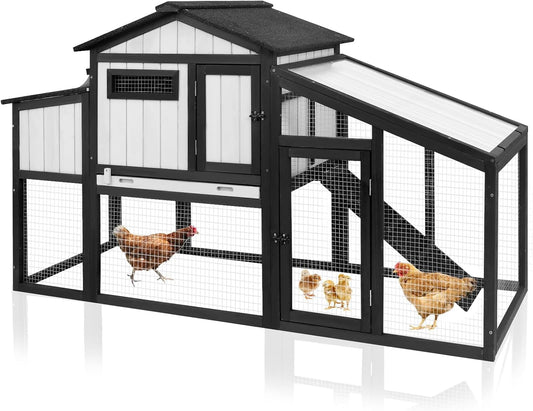 65.3"L Chicken Coop and Run, Expandable Wooden Hen House for 1-2 Chickens, 2 Story Poultry Cage with Nesting Box, Pull-Out Tray, Perches Indoor/Outdoor Pet Hutch Backyard Use, Combinable, Black