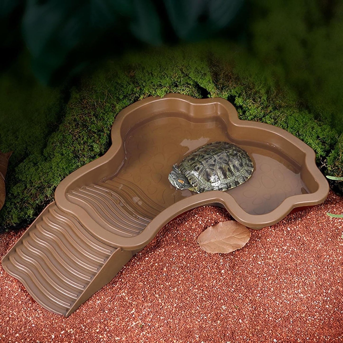Extra Large Reptile Bathing Pool Reptile Feeding Dish Water Bowl with Ramp Turtle Bath Aquarium Ornament for Leopard Tortoise Scorpion Snake Turtle Lizard Bath (Brown Yellow)