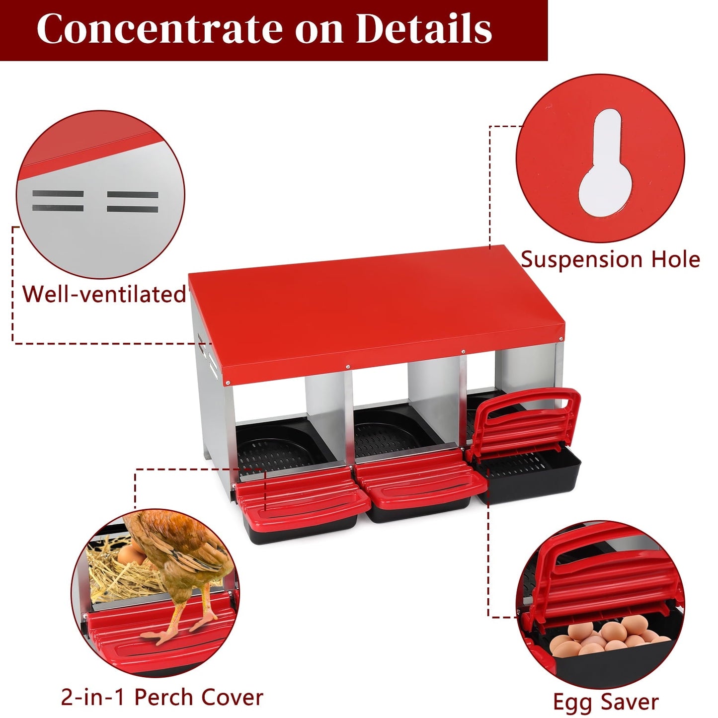 Xilee Chicken Nesting Box, 3 Compartments Chicken Laying Box, Hanging Nesting Box with Egg Saver, Perch Cover for Hen,Red