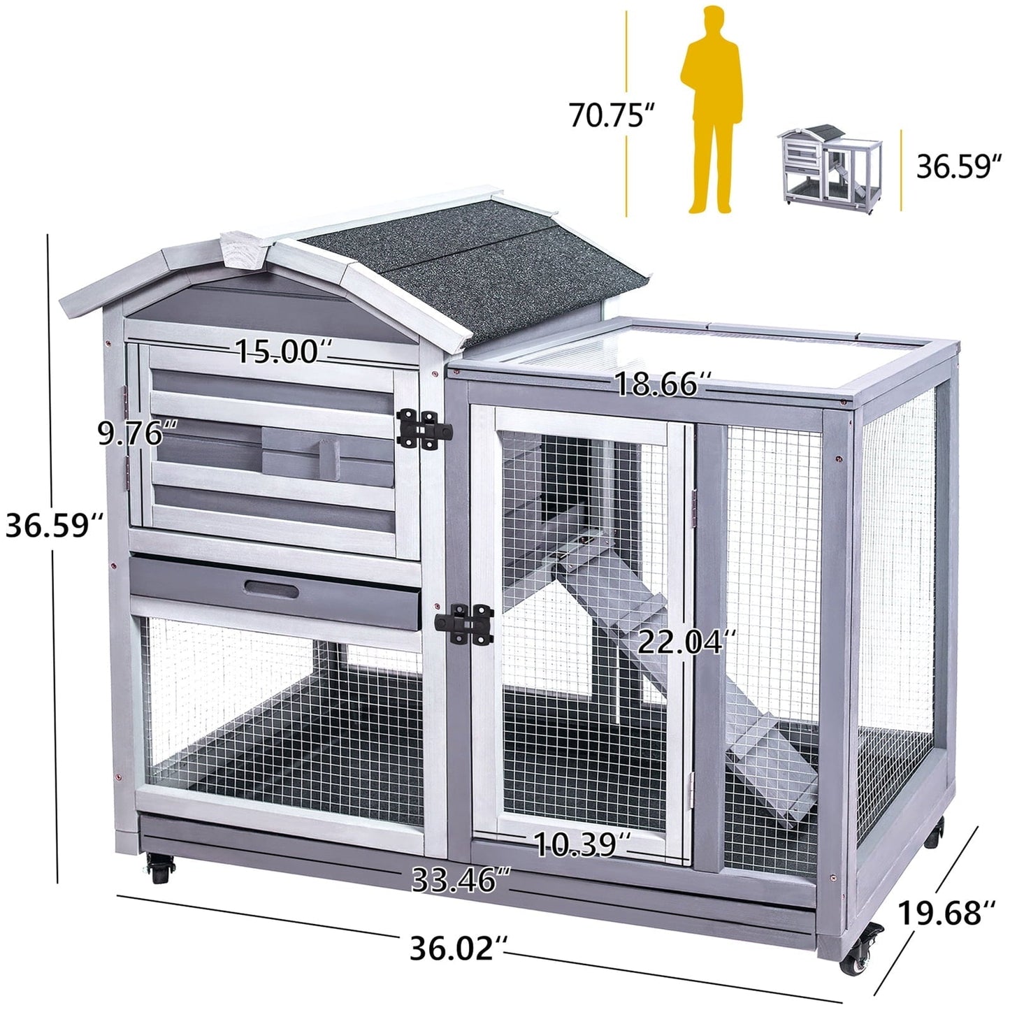 Rabbit Hutch Indoor Rabbit Cage Outdoor, Wooden Bunny Cages for Guinea Pig with Wheels, Removable Tray, Ramp