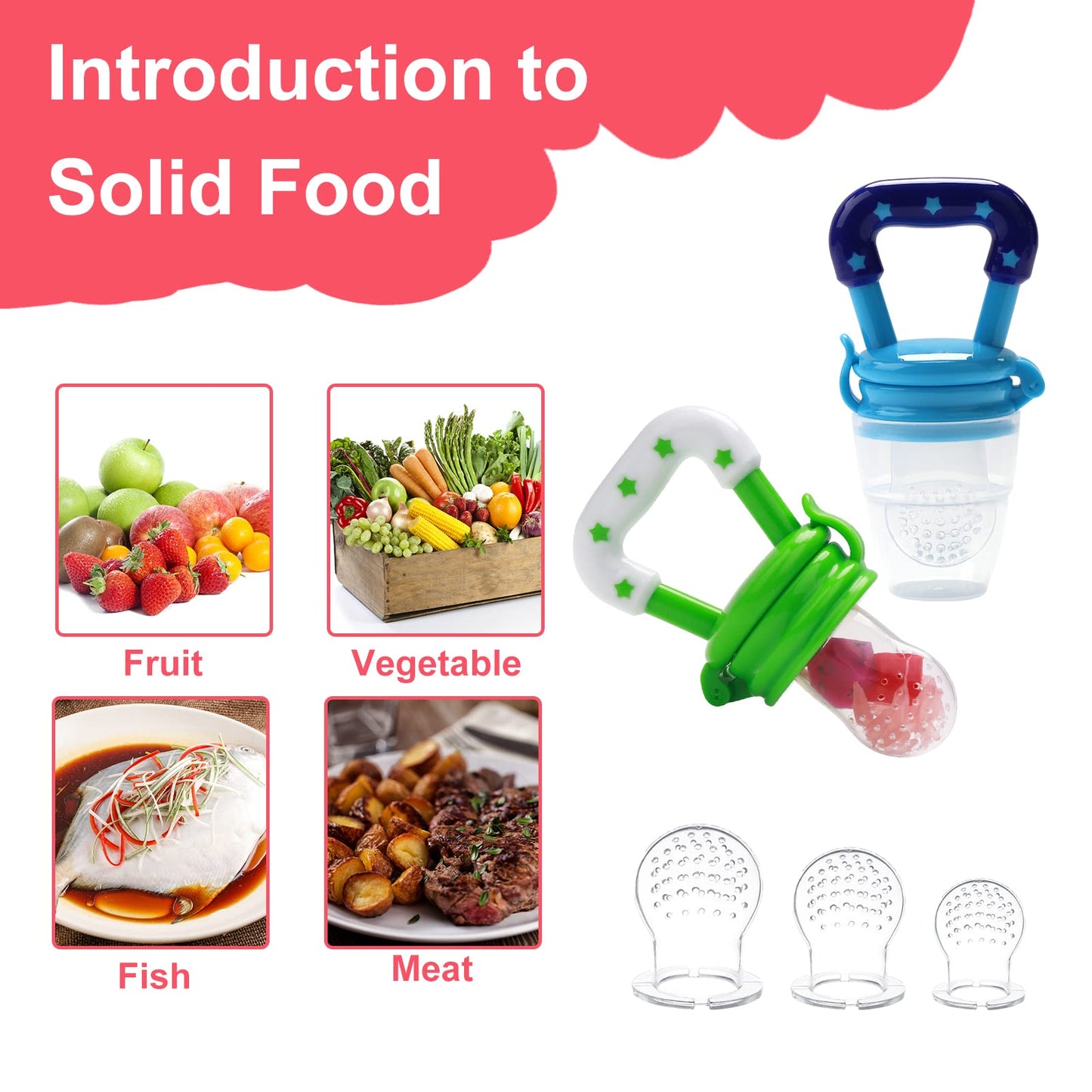 Food Feeder Baby Fruit Feeder Pacifier (3 Pcs) with 6 Different Sized Silicone Pacifiers 2 PCS Silicone Baby Food Dispensing Spoon 90ML with Infants Spoons Pacifier Clip Infant Fruit Teething Toy-Pink