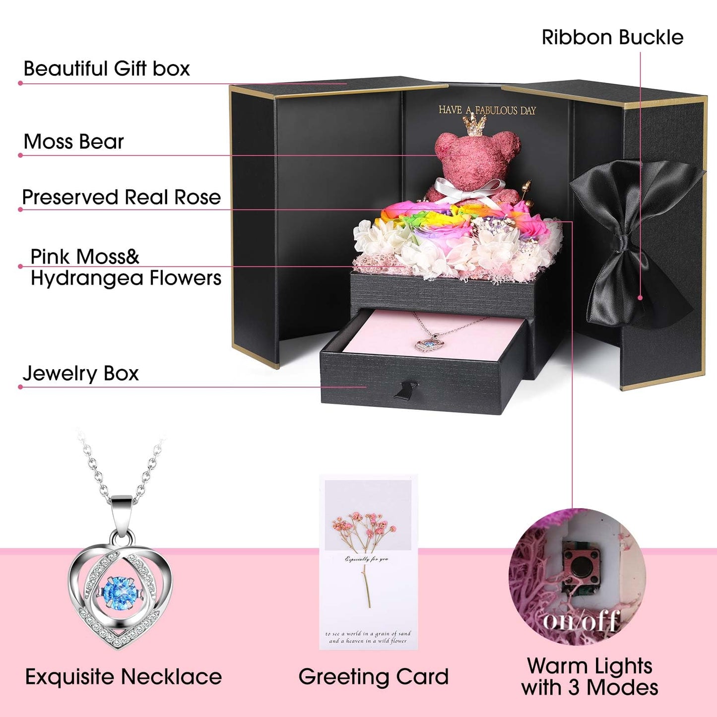 ADDWel Preserved Real Rainbow Rose with Sterling Silver Necklace Gift Set - Romantic Valentines Day Gifts for Wife, Girlfriend - Eternal Flowers Gifts for Anniversary, Birthday