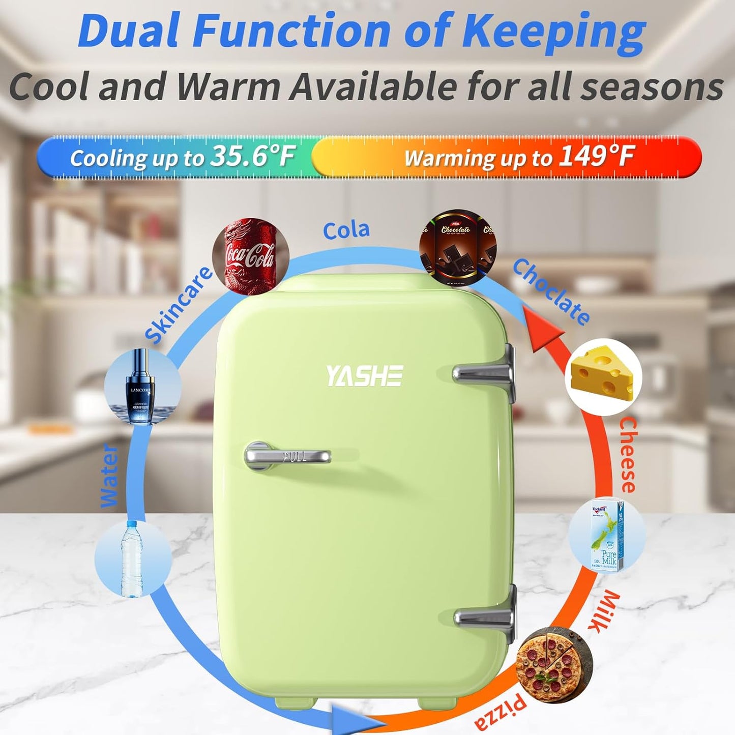 YASHE Mini Fridge for Bedroom, 4 Liter/6 Cans Small Refrigerator, 110V AC/ 12V DC Thermoelectric Cooler and Warmer for Drink Office Dorm Car, Green