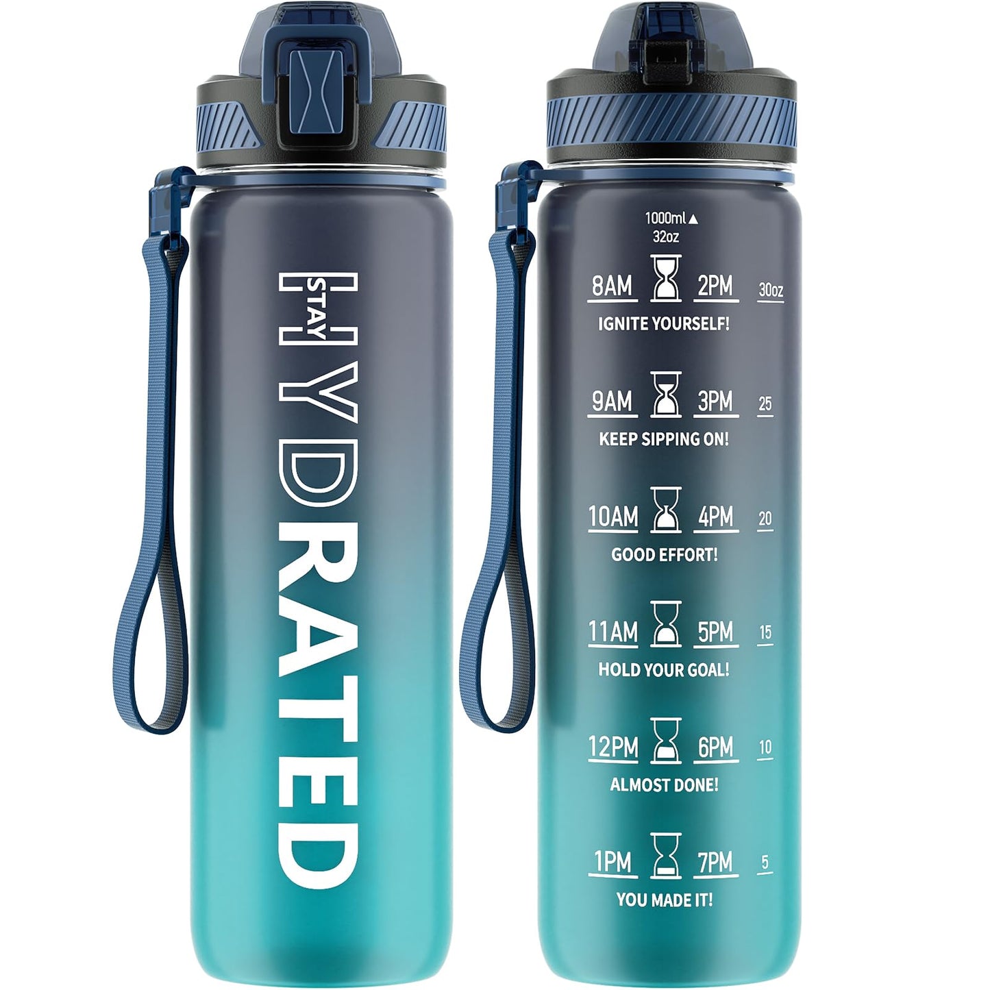 QLUR Water Bottle with Straw, 32 oz Motivational Water Bottles with Time Marker to Drink, Tritan BPA Free, 1L Sports Water Bottle with Carry Strap LeakProof for Women Gym Fitness Outdoor (1 Pack)