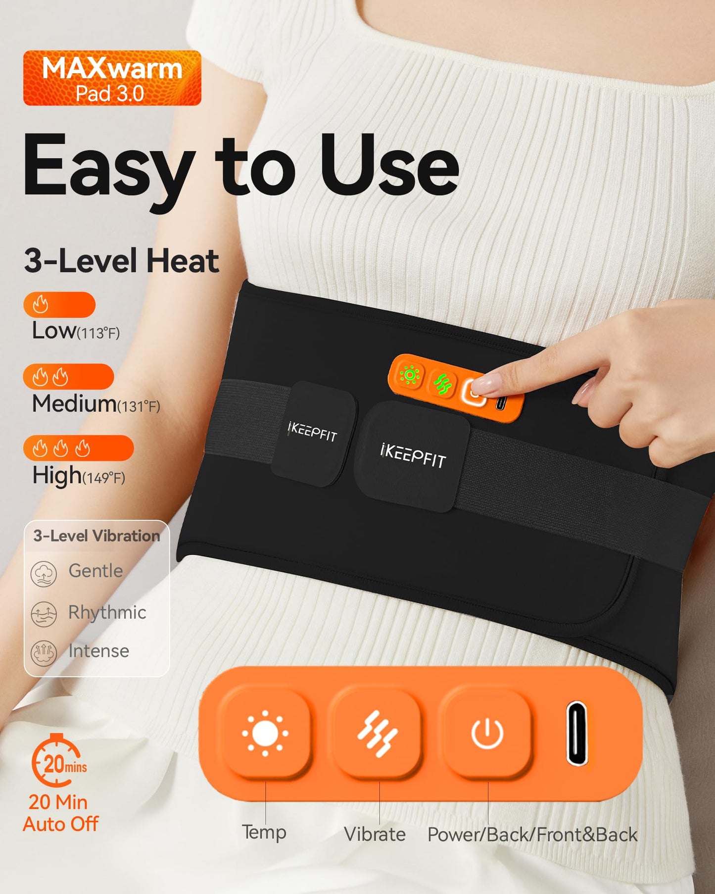 Portable Heating Pad with Massager for Back Pain Relief: MAXwarm® 3.0, IKEEPFIT® Electric Cordless Heat Pad for Period Cramps, Extra Large 65", 8000mAh Battery, Gift for Women Men(Beige)
