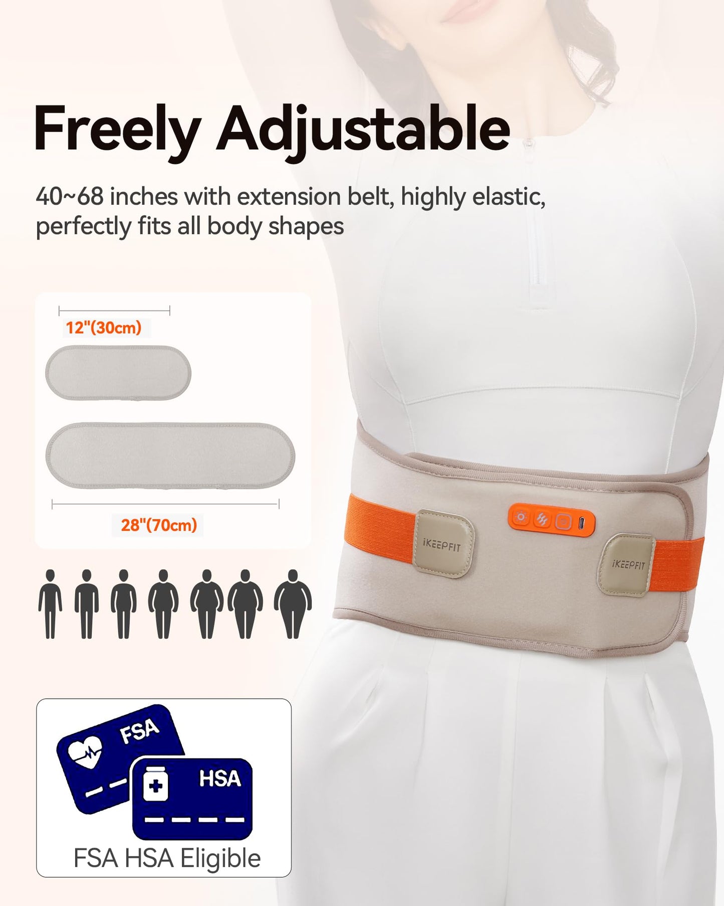 Portable Heating Pad with Massager for Back Pain Relief: MAXwarm® 3.0, IKEEPFIT® Electric Cordless Heat Pad for Period Cramps, Extra Large 65", 8000mAh Battery, Gift for Women Men(Beige)
