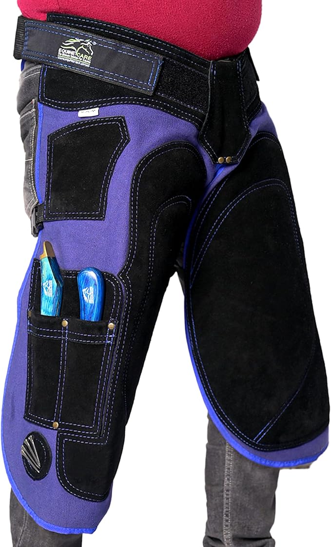 Equine Care Farrier Apron Chaps – 23" to 27" Cowhide Suede Leather & 500 GSM Canvas, Adjustable Waist 28"-52", Back Support, 4 Hoof Knife Pockets & 2 Nail Magnets. (27 inches (70 cm))