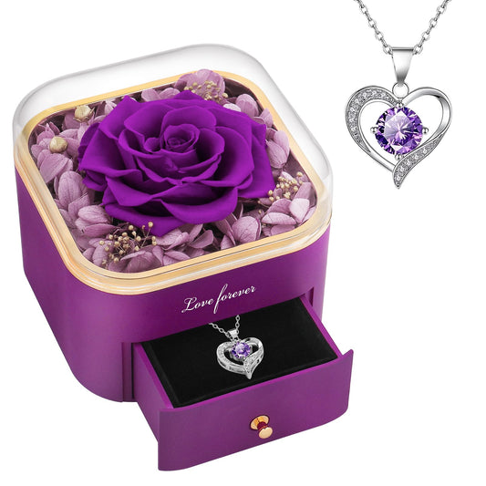 Beferr Valentines Day Gifts for Her Preserved Real Rose with Necklace Eternal Roses Fresh Flowers for Delivery Prime Birthday Anniversary Purple Gifts for Women Mom Wife Daughter Grandma Girlfriend