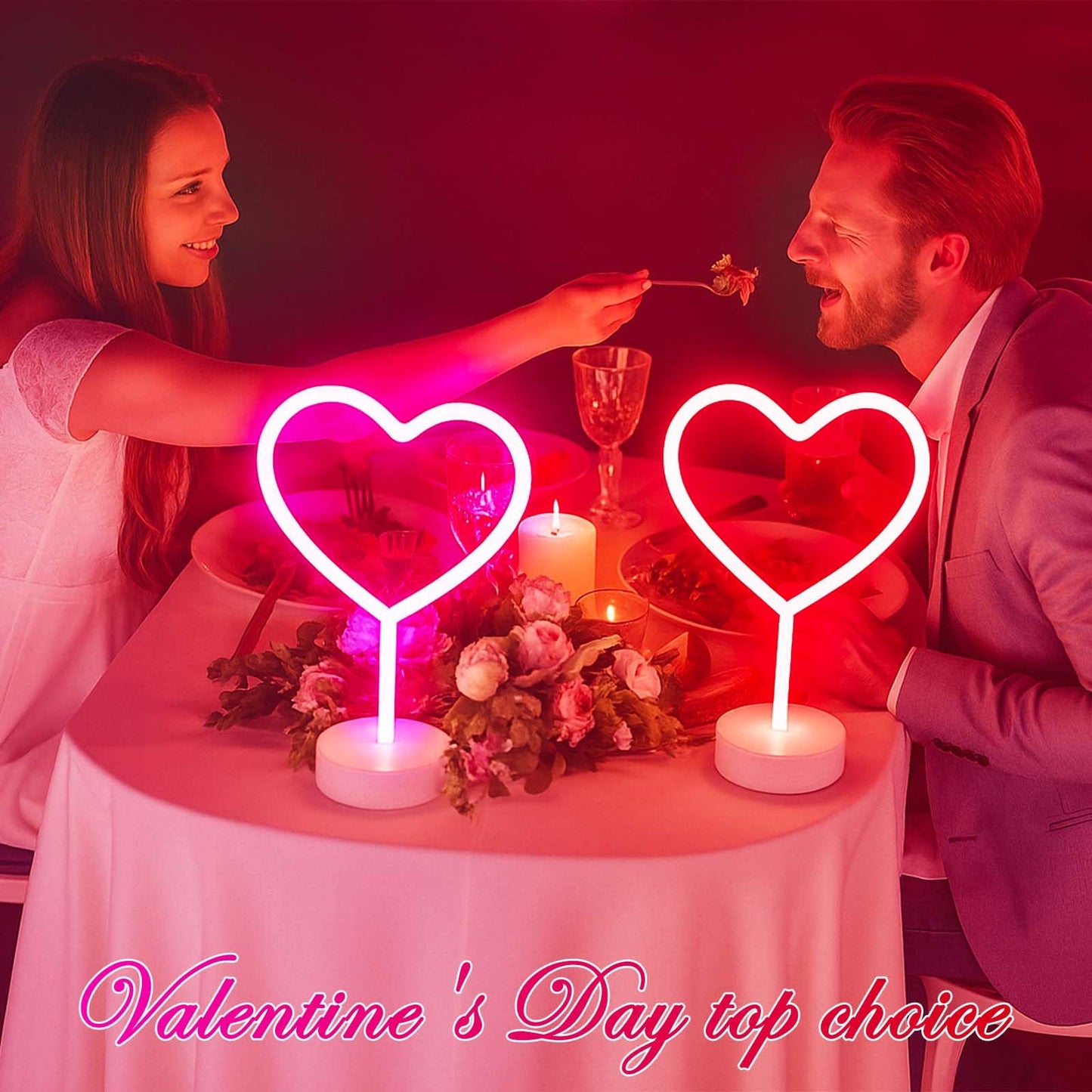 BHCLIGHT Pink Heart Neon Sign, Valentines Day LED Neon Light Battery Operated or USB Powered Valentines Pink Heart Lights, Table Lamp for Galentines Day Decorations, Wedding, Gifts for Women, Lover