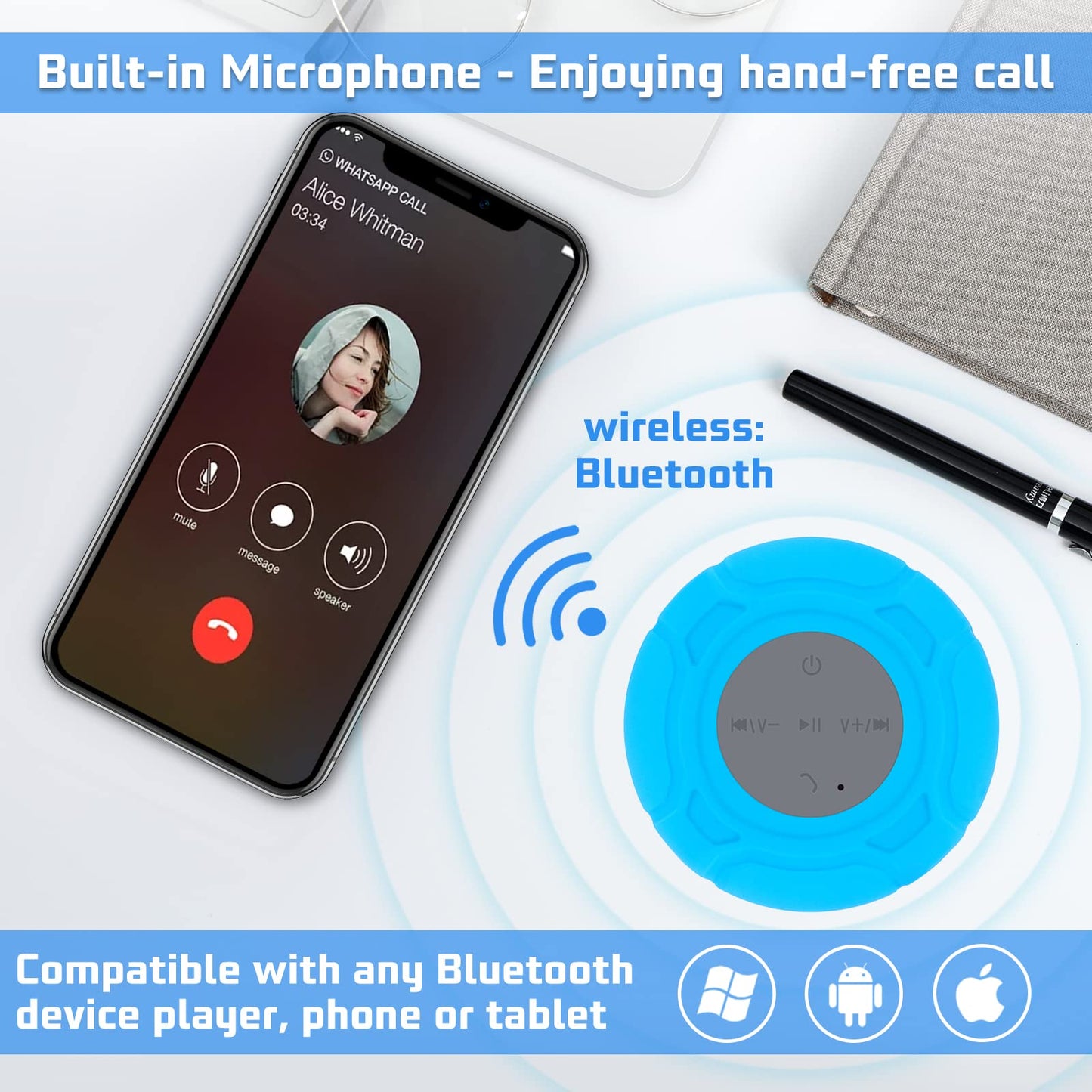 Annlend Bluetooth Shower Speaker Waterproof Wireless Mini Small Cute Portable Water Resistant Bathroom Speaker Suction Cup, Handsfree Speakerphone with Built-in Mic,4hrs of Playtime - Blue