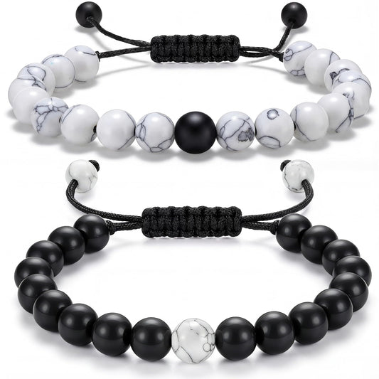 BBTO Couples Bracelets Long Distance Matching Bracelets 8mm Howlite Beads Black Matte Agate for Couples His and Her Gifts(Classic Style)