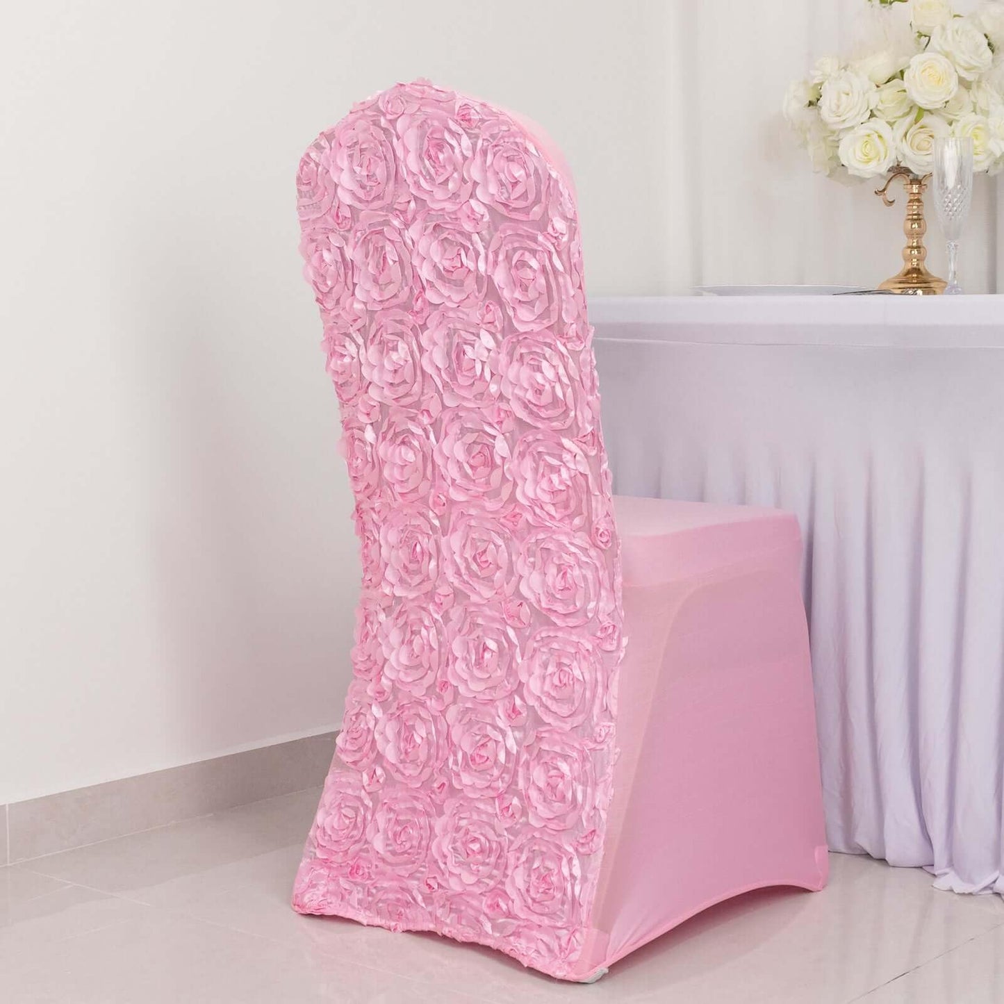 Efavormart 1 Set White Satin Rosette Spandex Stretch Folding Chair Cover for Party Dining Chairs Wedding W/Foot Pockets Washable Slipcovers for Outdoor Events