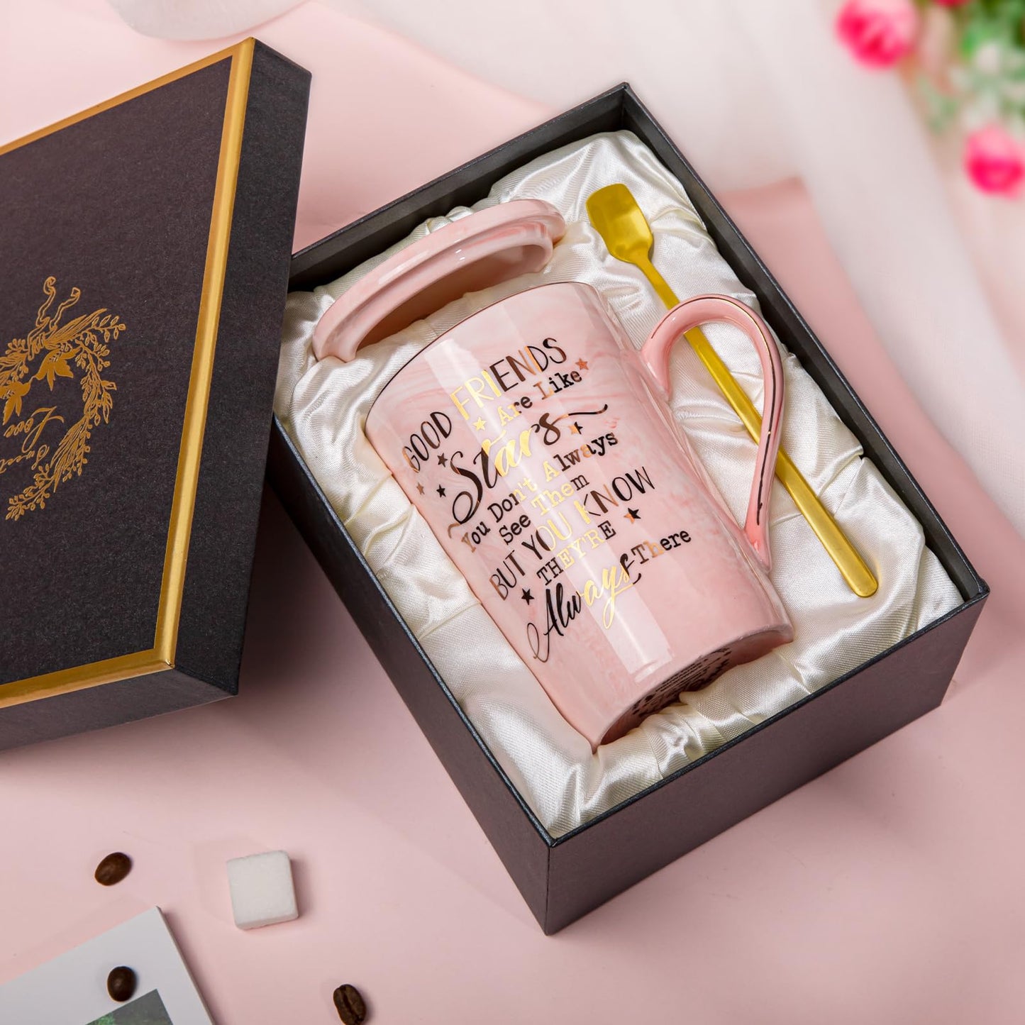 Best Friend Birthday Gifts for Women, Friendship Gifts for Women, Unique Birthday Valentines Day Gift Ideas for Her, Friends Female, Besties, BFF Ceramic Marble Coffee Mug Gift Box Printed Gold 14 oz