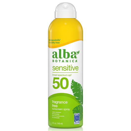 Alba Botanica Sensitive Sunscreen Spray for Face and Body, Fragrance-Free, Broad Spectrum SPF 50, Water Resistant, 5 fl. oz. Bottle