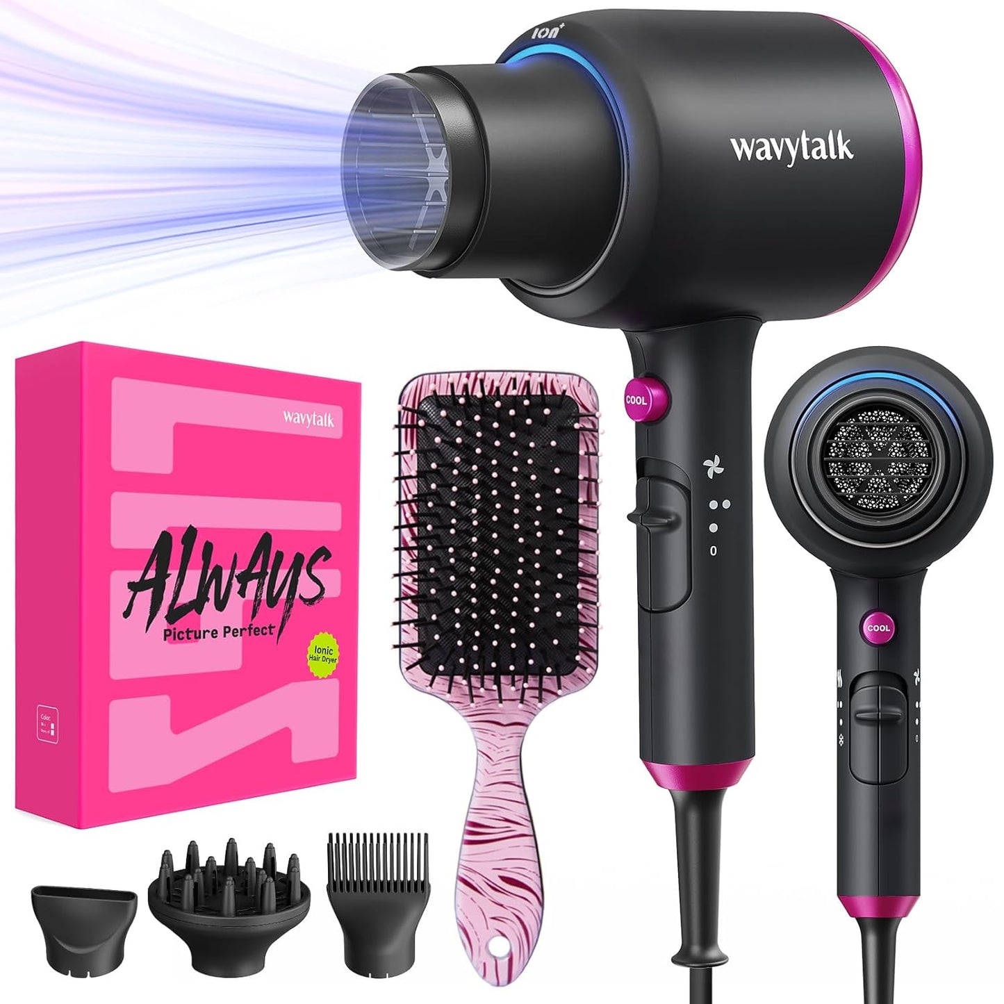 Ionic Blow Dryer for Curly Hair | 1875W Fast Drying with Diffuser | Grey