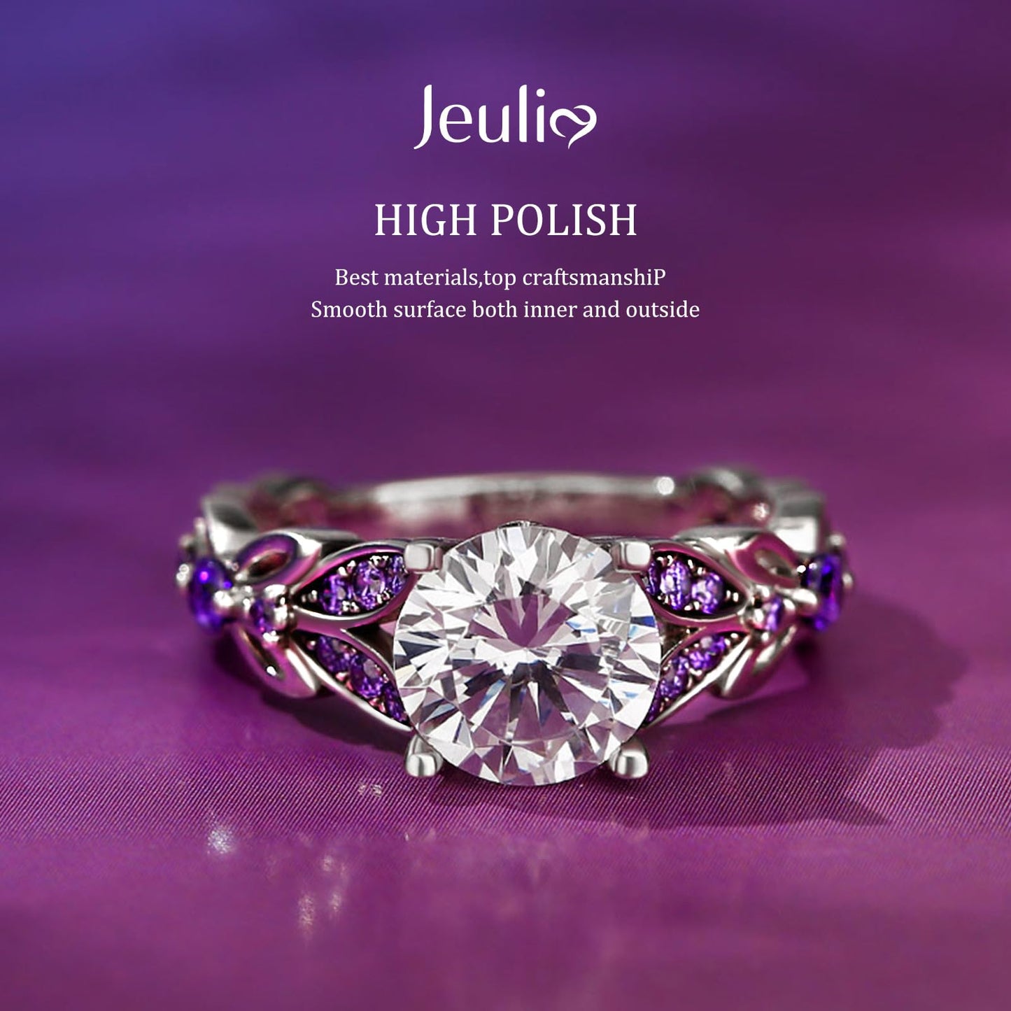 Jeulia 4.3 Carat Personalized Sterling Silver Butterfly Rings for Women Purple Amethyst Birthstone Bridal Rings Set Round Cut Wedding Engagement Promise