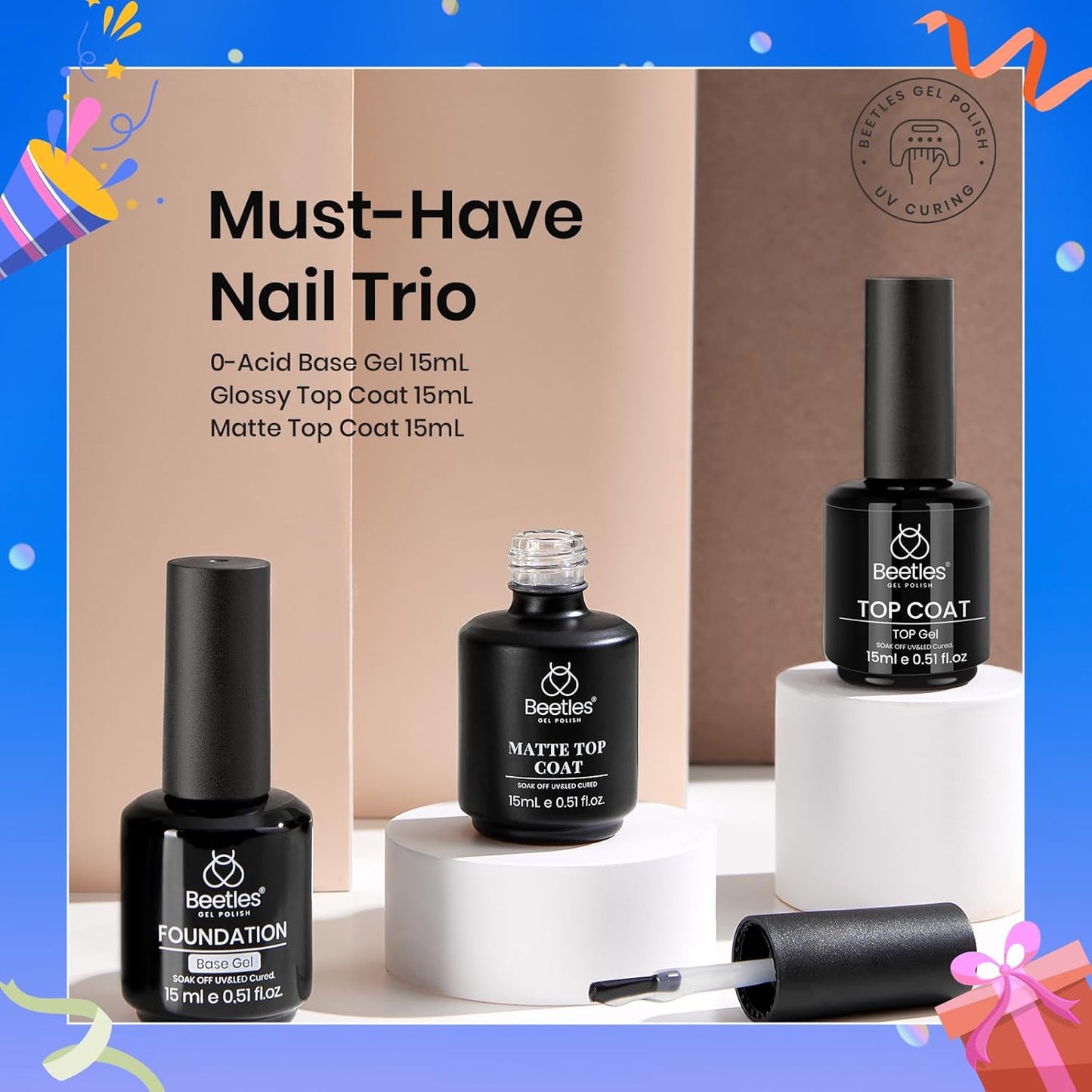 15ml No Wipe Gel Top Coat & Base Coat Set | Long-Lasting Shine for Women