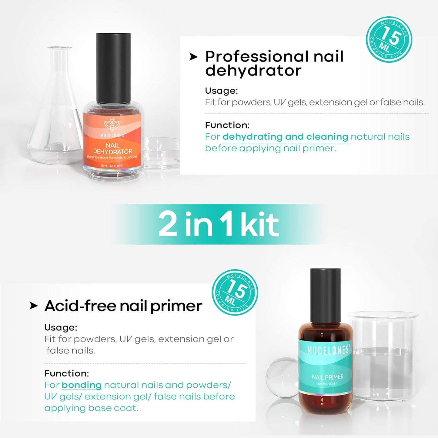 Modelones 4 Pcs Nail Dehydrator & Primer Set | Acid-Free, Hema-Free, 15 ml