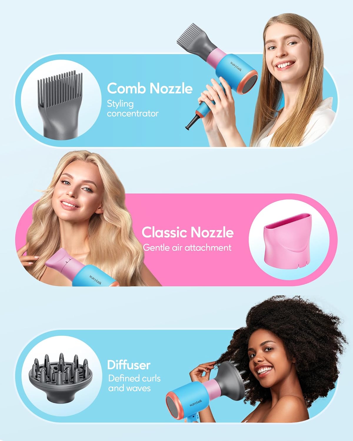 Wavytalk 1875W Ionic Hair Dryer | Diffuser & Attachments for Curly Hair