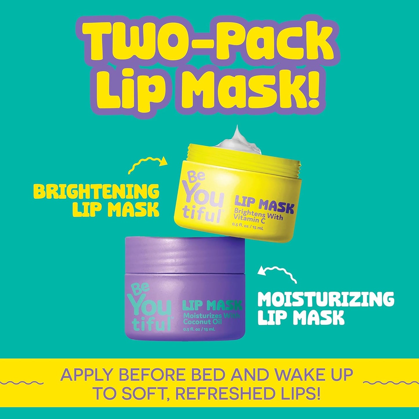 Lip Masks Set by BeYOUtiful, Hydrating Lip Balm Treatment for Dry, Chapped Lips, Lip Gloss for Girls and Boys, Skin Care for Teens, 2pc, 0.3oz Each
