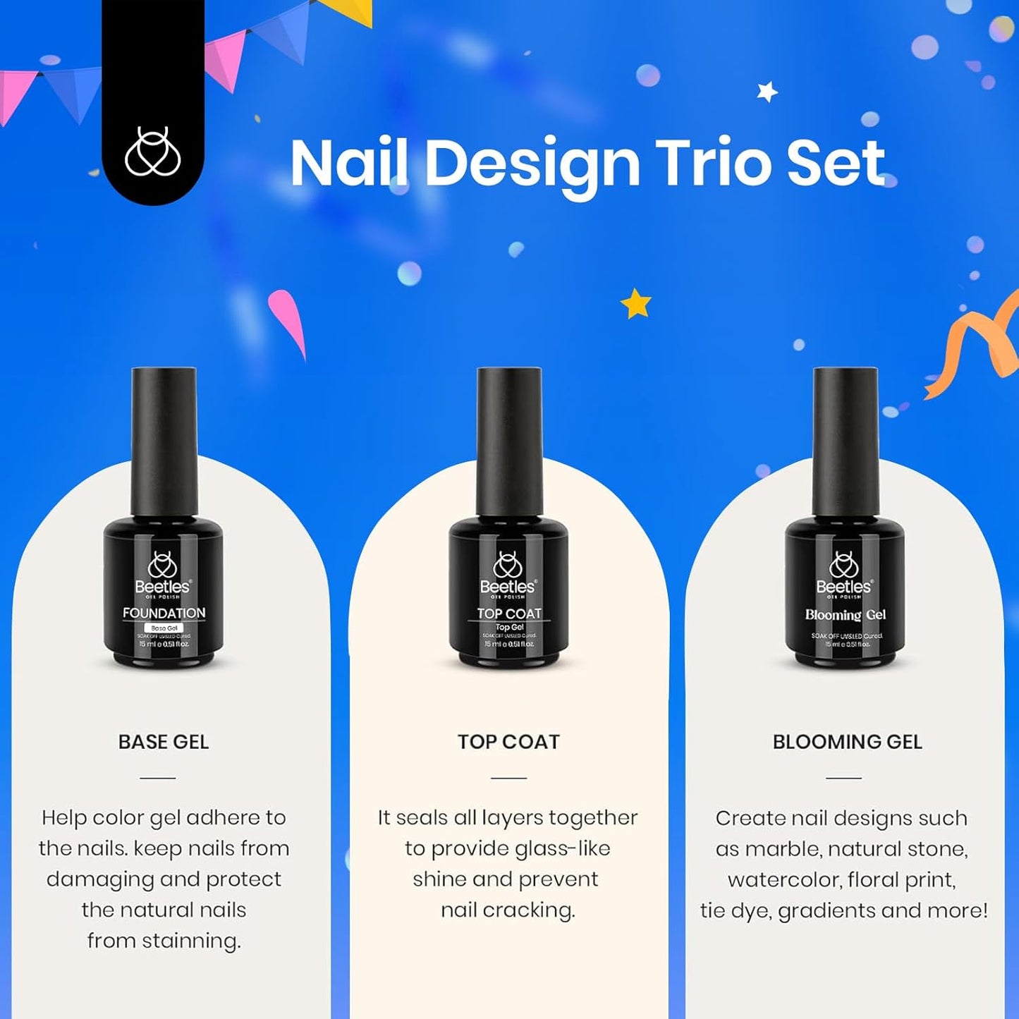 Beetles 3Pcs Builder Nail Gel Set | 15ml No Wipe Top Coat & Base Coat | Long-Lasting Shine for Women