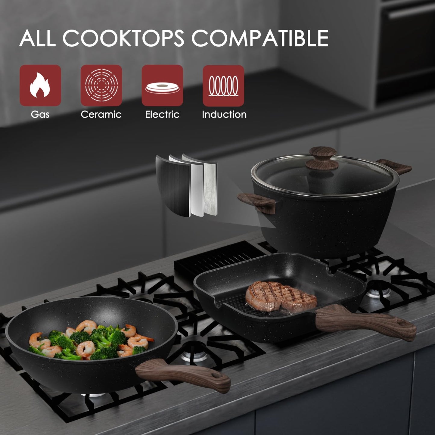Kikcoin Pots and Pans Set Non Stick 31 Piece Kitchen Nonstick Cooking Cookware Sets with Grill Pan Saucepan Baking Sheet Utensil