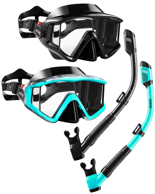 Aegend 2 Pack Snorkeling Gear for Adults, Dry Snorkel Set Panoramic View Enhanced Anti-Leak and Anti-Fog Technology, Adjustable Strap for Snorkeling Scuba Diving Swimming with Mesh Bag