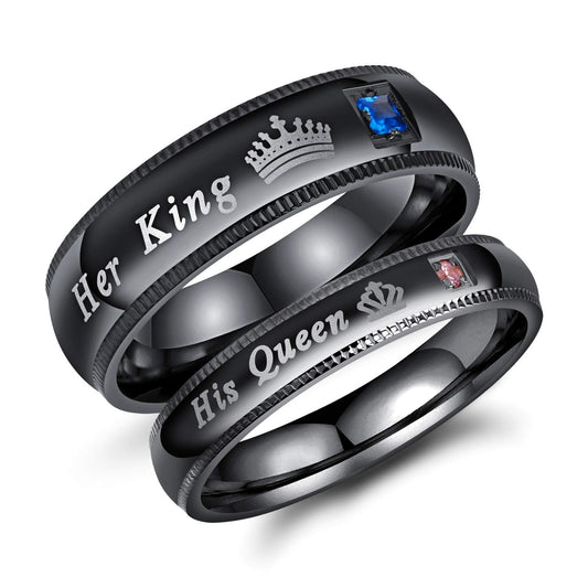 2Pcs Black Stainless Steel His Queen & Her King Couples Rings Set Wedding Engagement Band (Male Size 9 & Female Size 5)