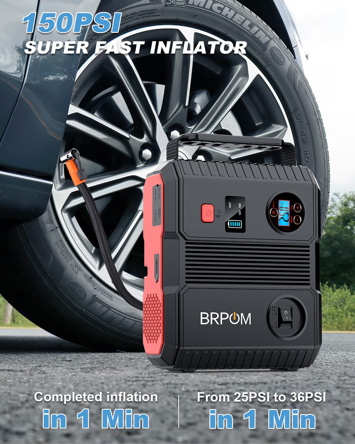 Car Jump Starter with Air Compressor, 150PSI 8000A Peak 24000mah (Up to All Gas or 8.0L Diesel Engine, 50 Times) Portable Jump Starter 12V Auto Battery Jump Pack QC 3.0 with 160W DC Out