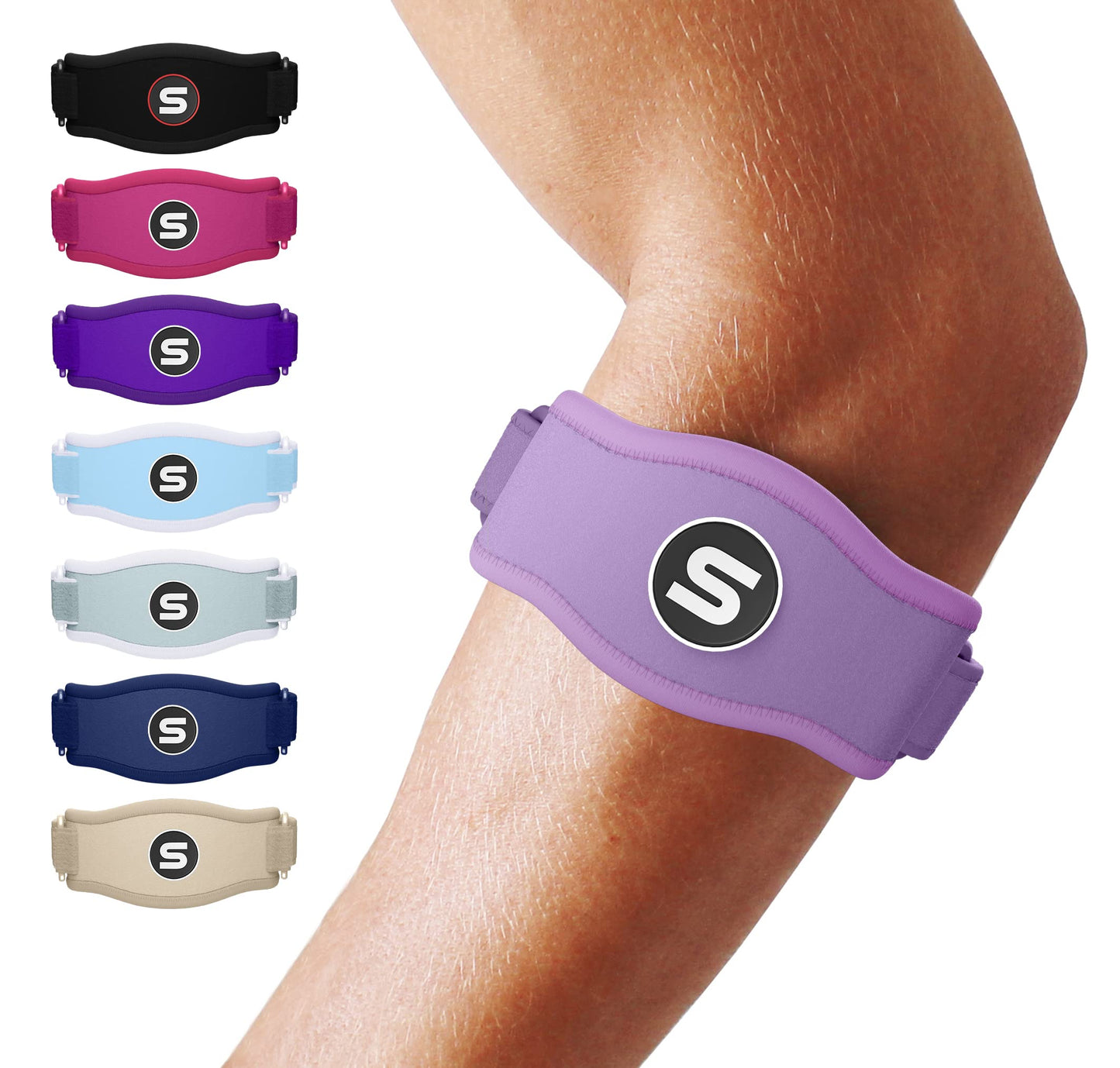 Sleeve Stars Tennis Elbow Support Strap, Golfers Elbow Support for Men & Women Epicondylitis Clasp, Counterforce Arm Band for Tendonitis Relief, w/ 3 Straps Length, Fits 9"-23" (Light Purple)