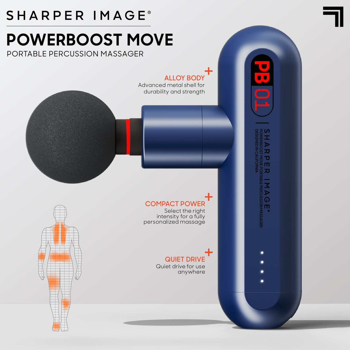 Sharper Image Percussion Massage Gun, Powerboost Move, Lightweight & Portable, 4 Attachments, 4 Speeds, Full Body Back & Shoulder Massager for Deep Tissue Muscle Recovery, Pain Relief & Soreness