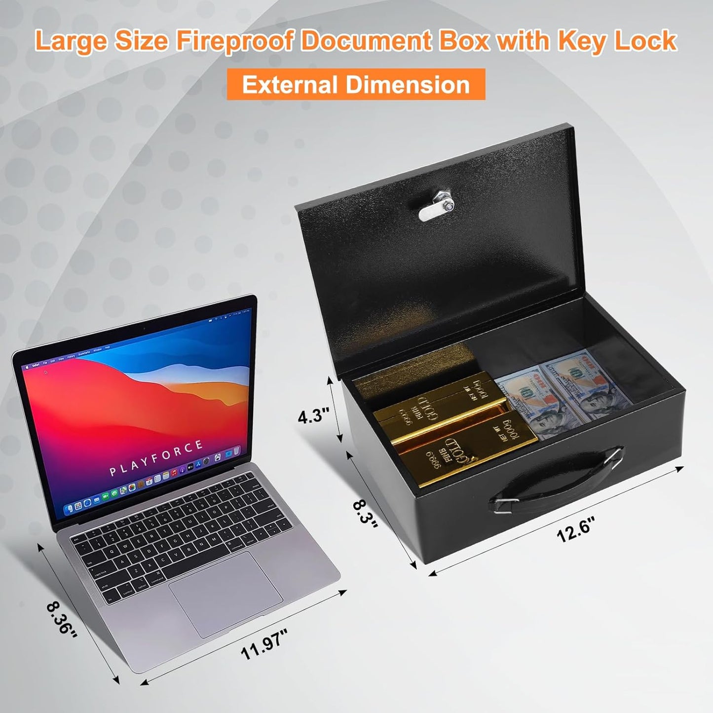 KYODOLED Fireproof Document Box with Key Lock, Small Lock Boxes for Personal Items, Fire and Water Resistance, Fireproof Safe Box for Documents, Jewelry, Passport, Cash, 12.6'' x 8.3'' x 4.3'' Black