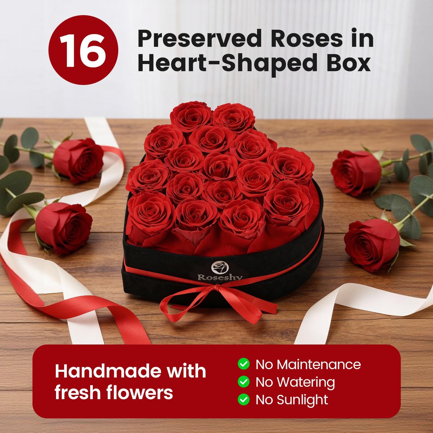 Valentines Day Flowers Roses Gifts for Her,16pcs Red Forever Preserved Roses in Heart Shape Gift Box,Valentines Day Delivery Prime Gifts-Roses Gifts for Women,Mom.