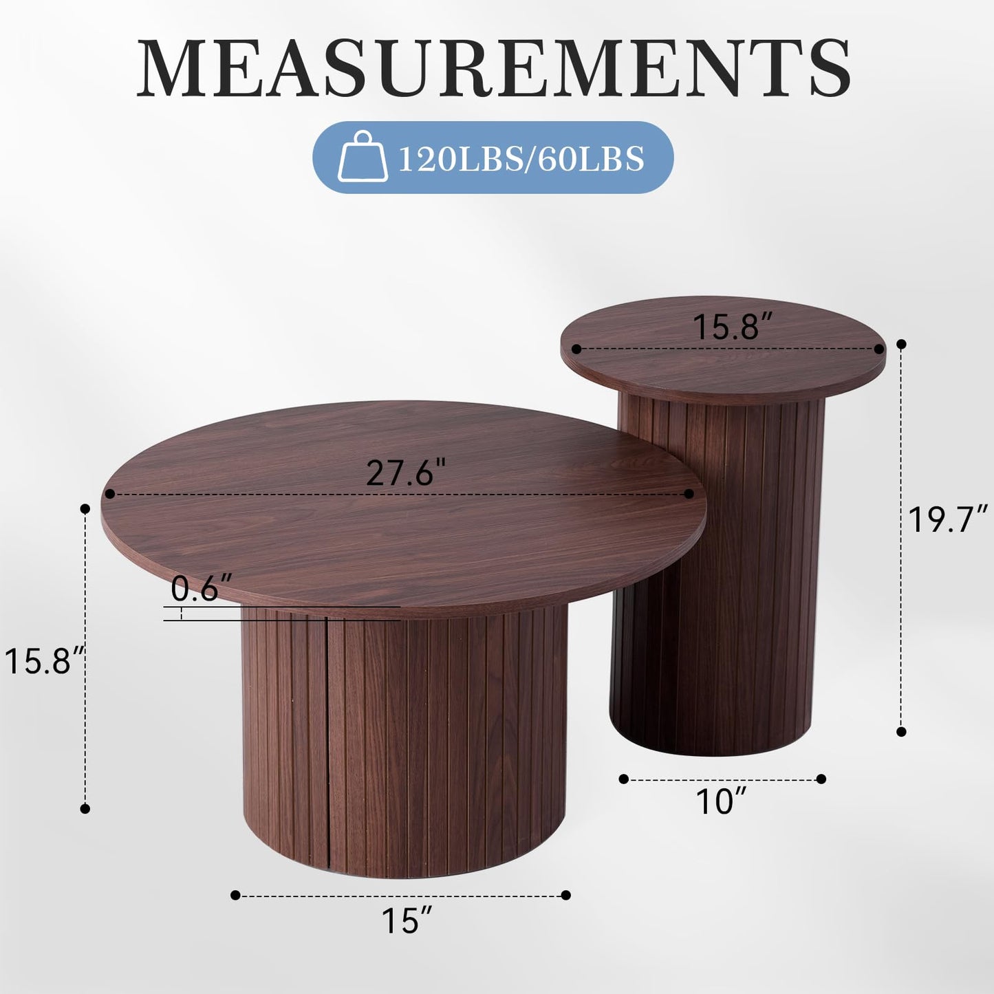 iQunLeo Small Round Coffee Table Set of 2, Wood Finish Nesting Coffee Tables, Boho Circle Side Table for Living Room (φ27.6 Large Short + φ15.8 Small Tall)