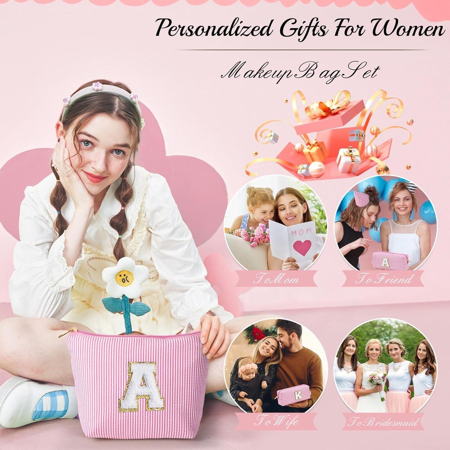YOOLIFE Initial Cute Pink Makeup Bag Pouch Gift for Niece Sister Friend Female Her Mom | Birthday Gifts for Women Daughter Gifts | Cosmetic Travel Bag B