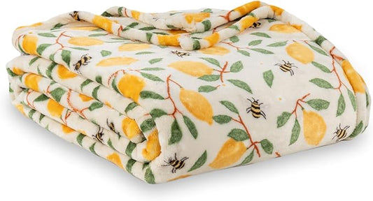 Berkshire Blanket-Classic Heavyweight Warm Soft Printed VelvetLoft® Plush Blanket, King Size Soft Fuzzy Blanket for Couch Sofa Bed, Lemons and Bees Yellow, 90in x 108in