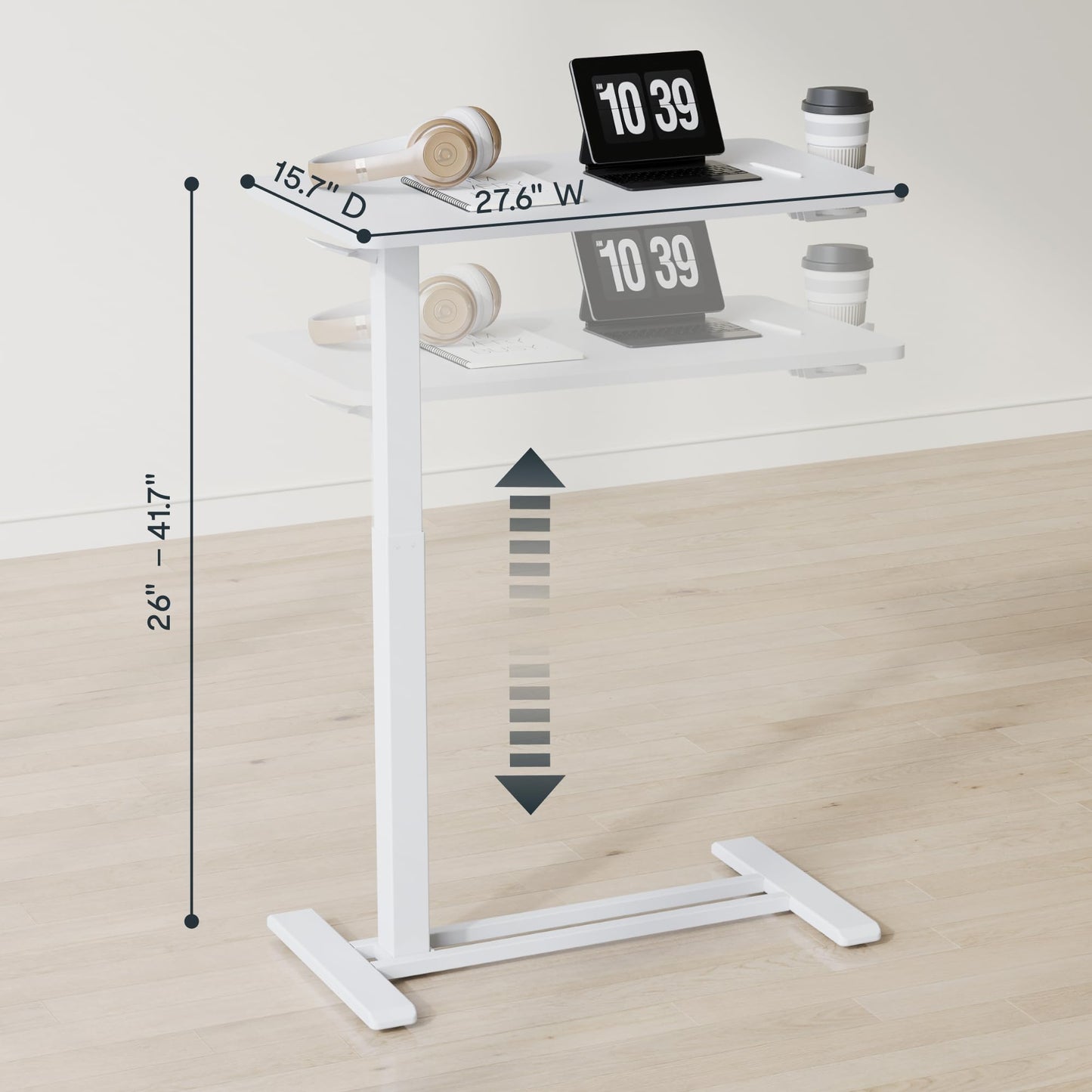 FLEXISPOT H7 Adjustable Overbed Bedside Table with Wheels Pneumatic Mobile Standing Desk Laptop Desk Rolling Computer Cart Movable Overbed Table Hospital Home Use(27.6" W x 15.7" D, White)