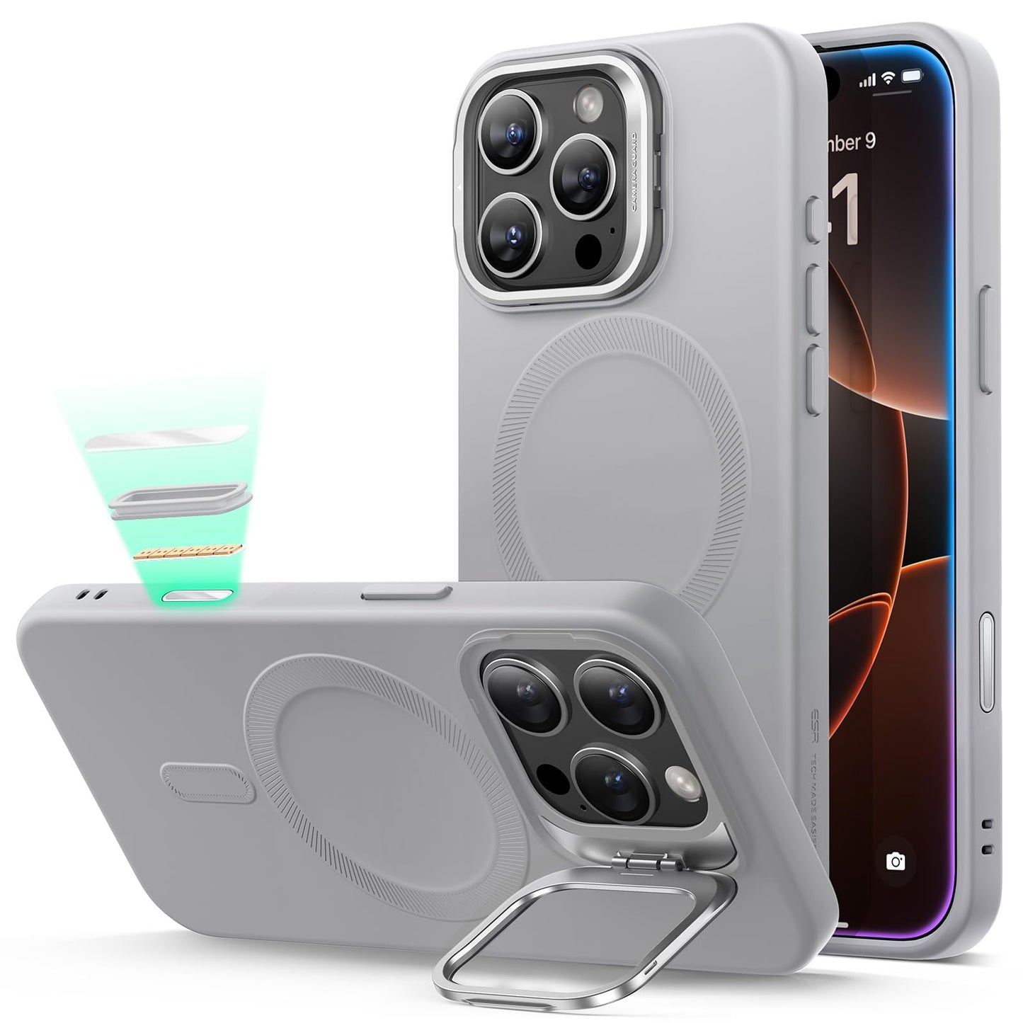 ESR Silicone Case for iPhone 17, Built-in Camera Stash Stand Compatible with MagSafe, Military-Grade Drop Protection Magnetic Phone Case for iPhone 17, Cloud Series, Rosy Pink