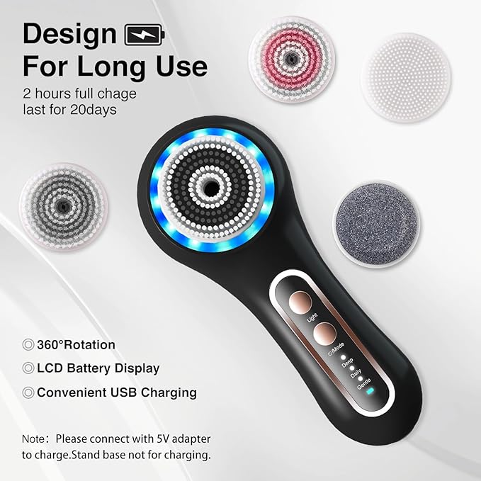Face Scrubber Exfoliator,Facial Cleansing Brushes Rechargeable IPX7 Waterproof with 5 Brush Heads,Electric Face Spin Brush for Exfoliating, Massaging and Deep Cleansing (Black+Gold)