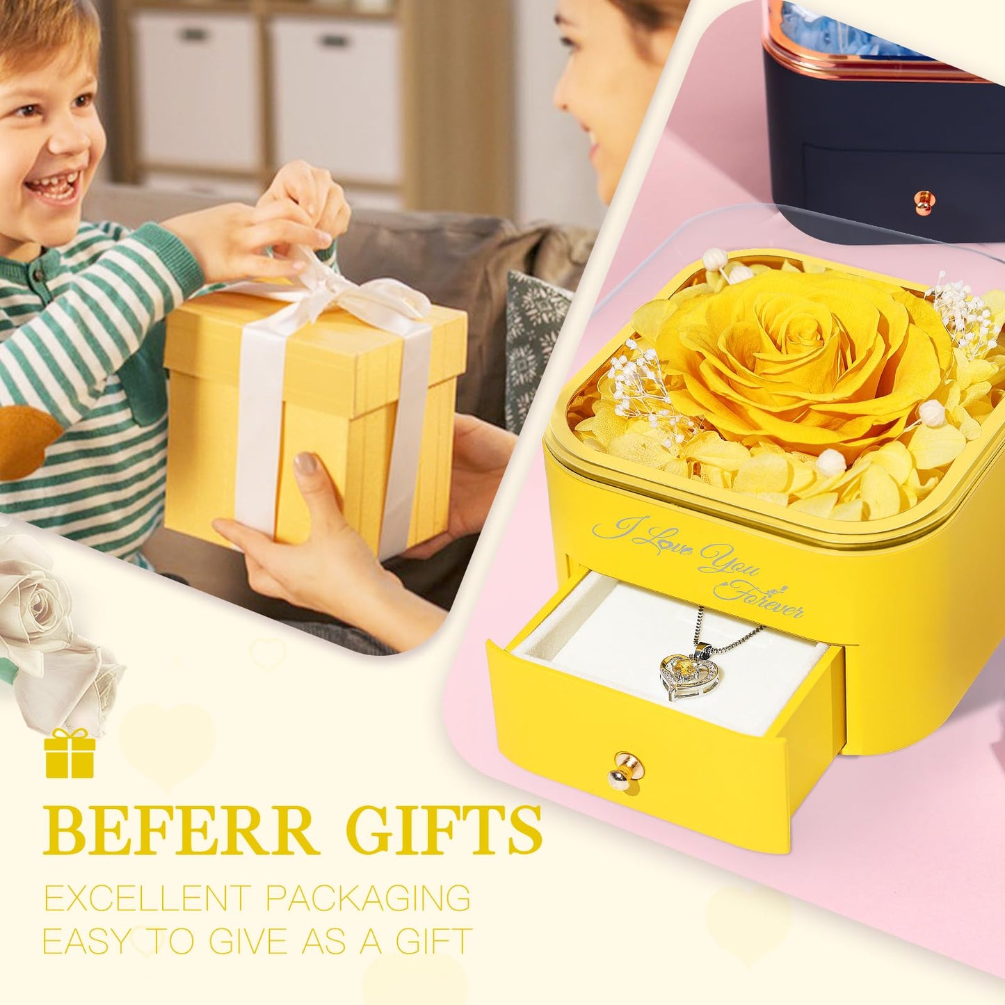 Beferr Valentines Day Gifts for Her Preserved Real Rose with Necklace Eternal Roses Forever Flowers for Delivery Prime Mothers Anniversary Birthday Gifts for Women Mom Grandma Wife Daughter Girlfriend