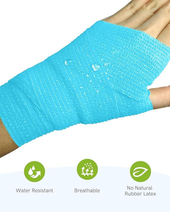 FriCARE Self Adhesive Bandage Wrap, Medical Tape in First Aid Kit, Cohesive Bandages for Wounds Sport Vet, FSA/HSA Eligible, 2 Inches X 5 Yards 6 Rolls, Cerulean Blue