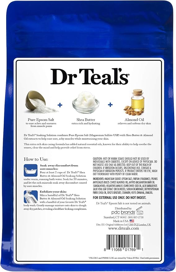 Dr. Teal's Epsom Salt Shea Butter Almond Oil Bath Soaking Solution with Essential Oils - Pack of 2, 3 lb Resealable Bags - Soften and Moisturize Your Skin, Relieve Stress and Sore Muscles