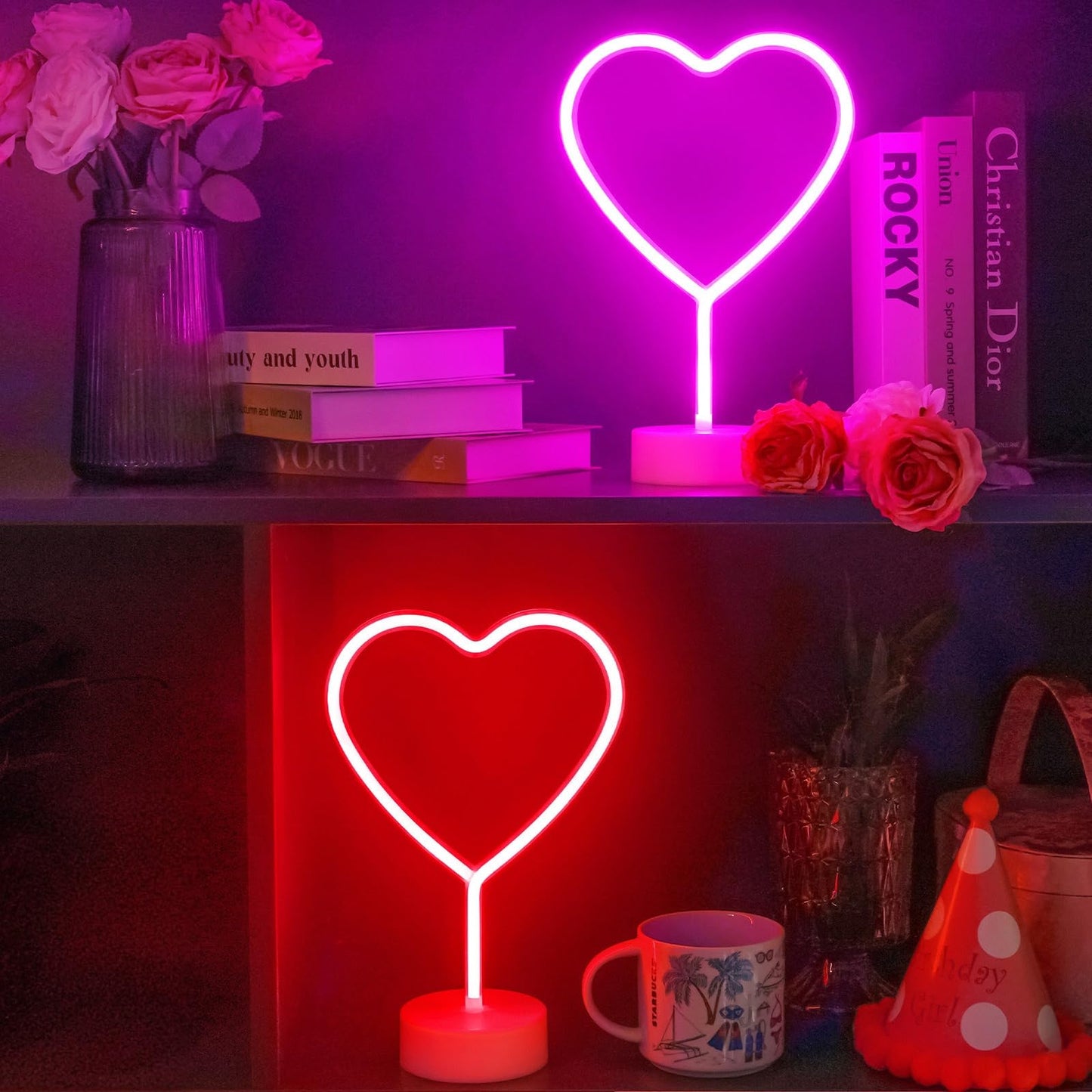 BHCLIGHT Pink Heart Neon Sign, Valentines Day LED Neon Light Battery Operated or USB Powered Valentines Pink Heart Lights, Table Lamp for Galentines Day Decorations, Wedding, Gifts for Women, Lover