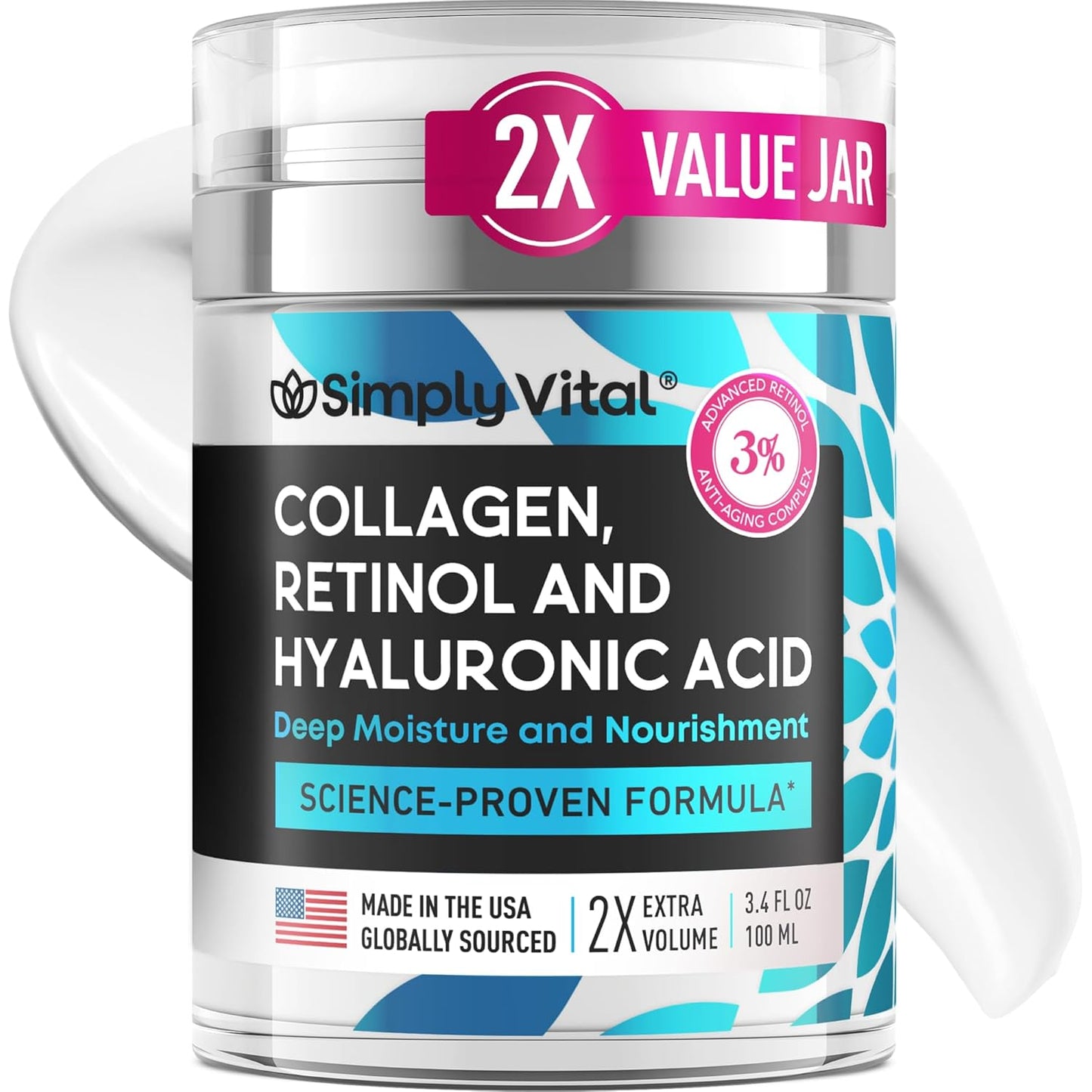 Anti-Aging Retinol Cream | Collagen & Hyaluronic Acid | Daily Moisturizer - 3.38 fl oz
