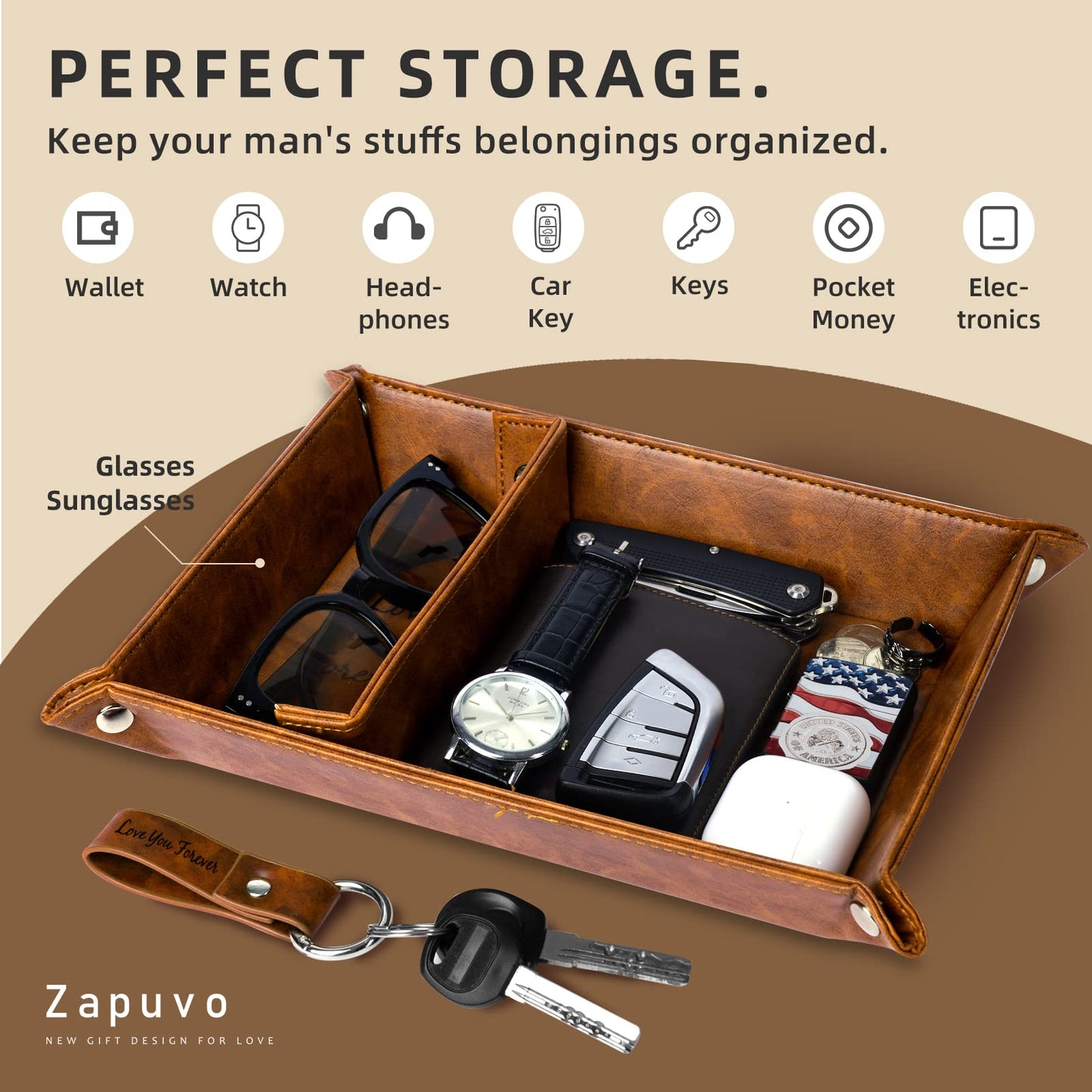 ZAPUVO PU Leather Valet Tray and Keychain, Valentines Day Birthday Gifts for Men, Unique Romantic Gifts for Men Him Boyfriend, Best Mens Gifts Ideas for Husband Anniversary from Wife